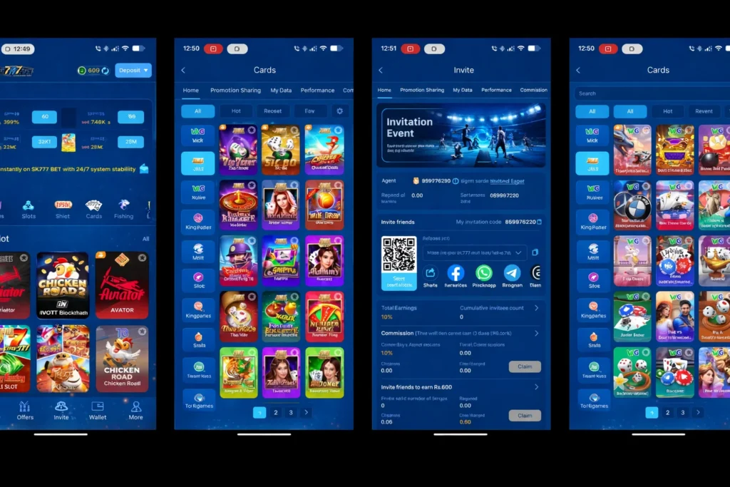 SK777 app showing slots, cards, invite friends screen, and game lobby