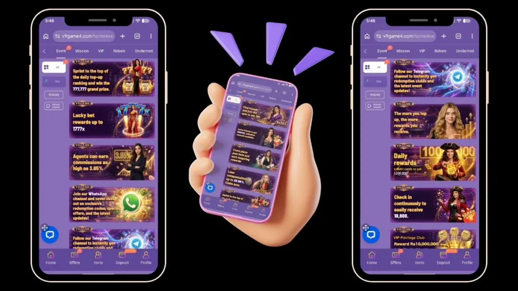 V9 Game offers page showing lucky bet, daily rewards, agent commission and VIP perks