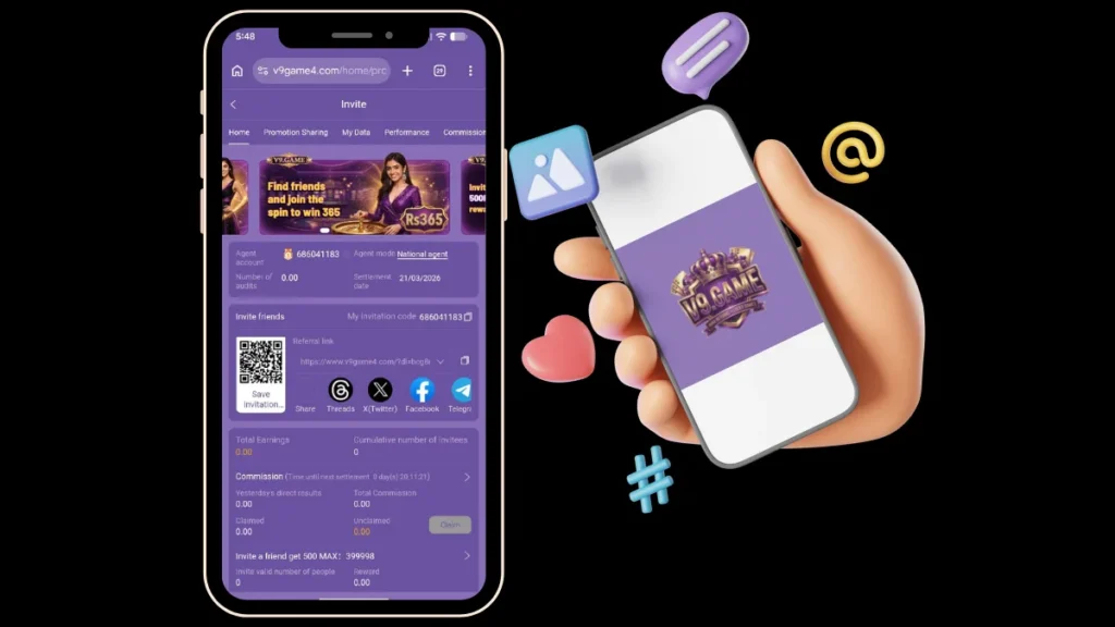 V9 Game invite screen with referral QR code, agent link, and Rs365 spin bonus