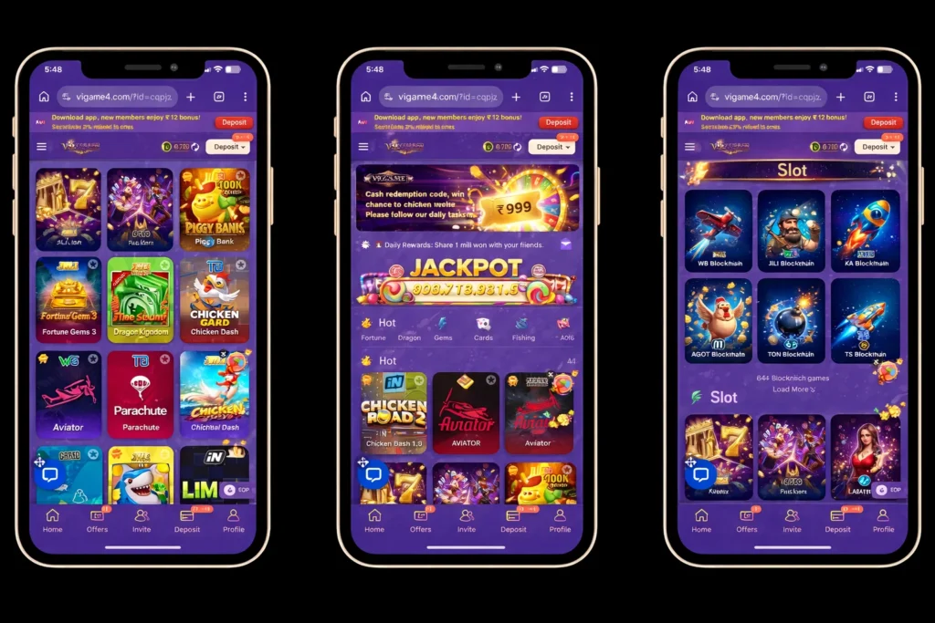 V9 Game mobile app showing slots, jackpot, and hot games like Aviator on purple UI