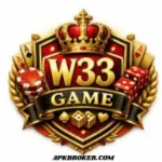 W33 Game casino logo with gold crown, dice, laurel wreath, and playing card suits