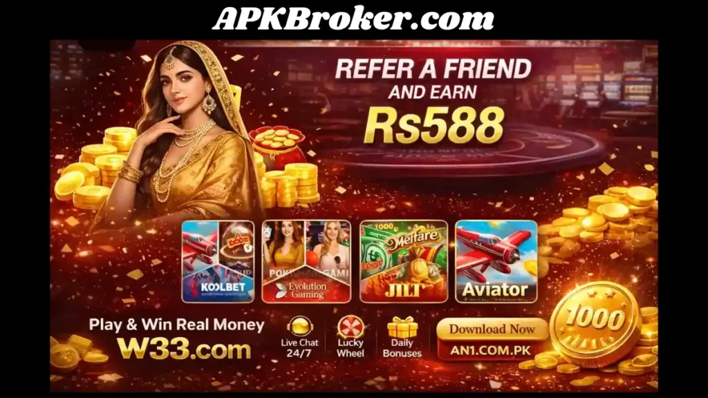 W33.com refer a friend earn Rs588 banner with JILI, Aviator, and Evolution Gaming