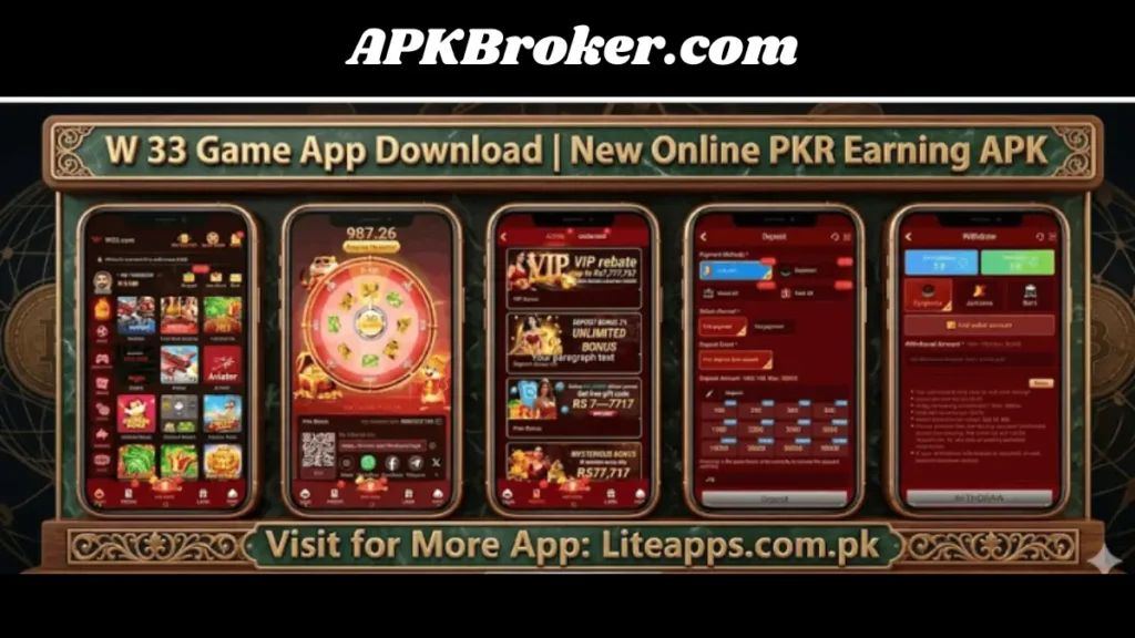 W33 app download screens showing VIP rebate, spin wheel, deposit, and withdrawal