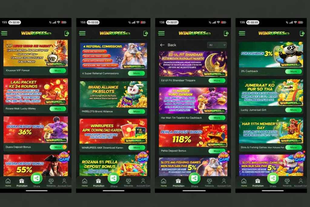 WinRupees promotion page with deposit bonuses, VIP rewards, cashback, and referrals