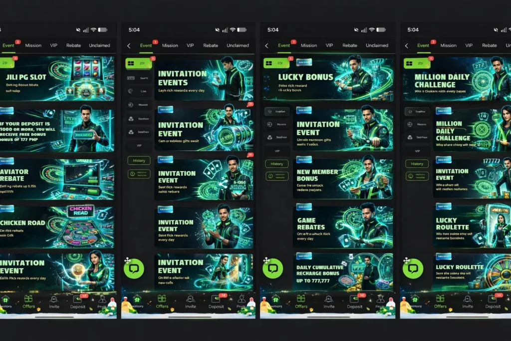 X44.BET offers page with JILI PG slots, lucky bonus, invitation events, and game rebates