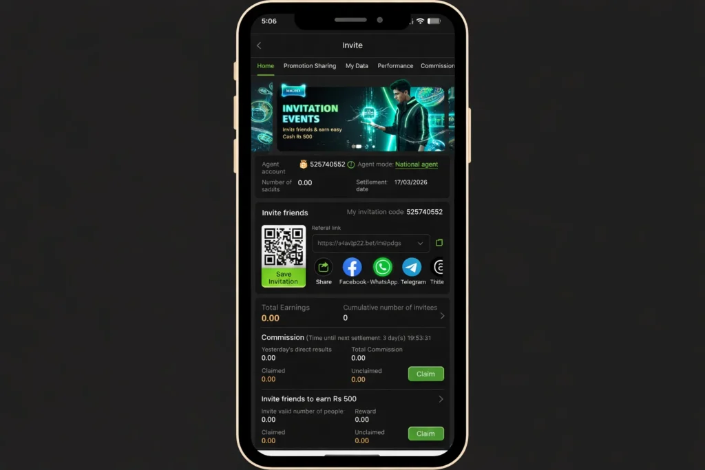 X44.BET invite friends screen with QR code, referral link, and Rs500 invitation bonus