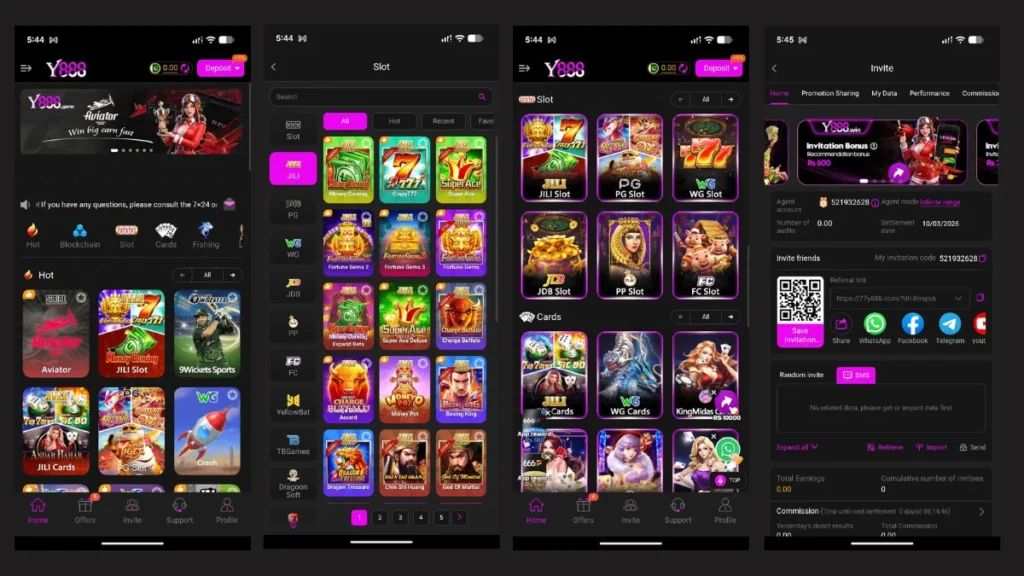 Y888 casino app home with JILI slots, card games, invite friends, and referral link