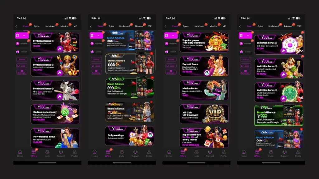 Y888 offers page showing invitation bonuses, VIP club, deposit rewards, and brand deals