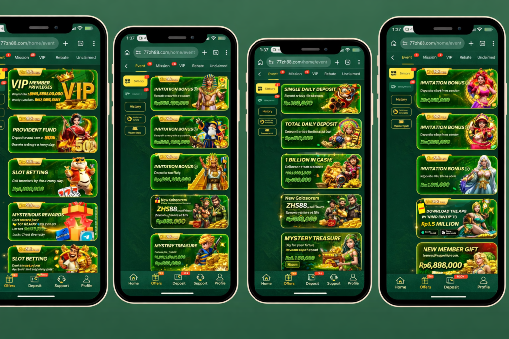 ZH88 casino app offers page with VIP privileges, invitation bonuses, and mystery rewards