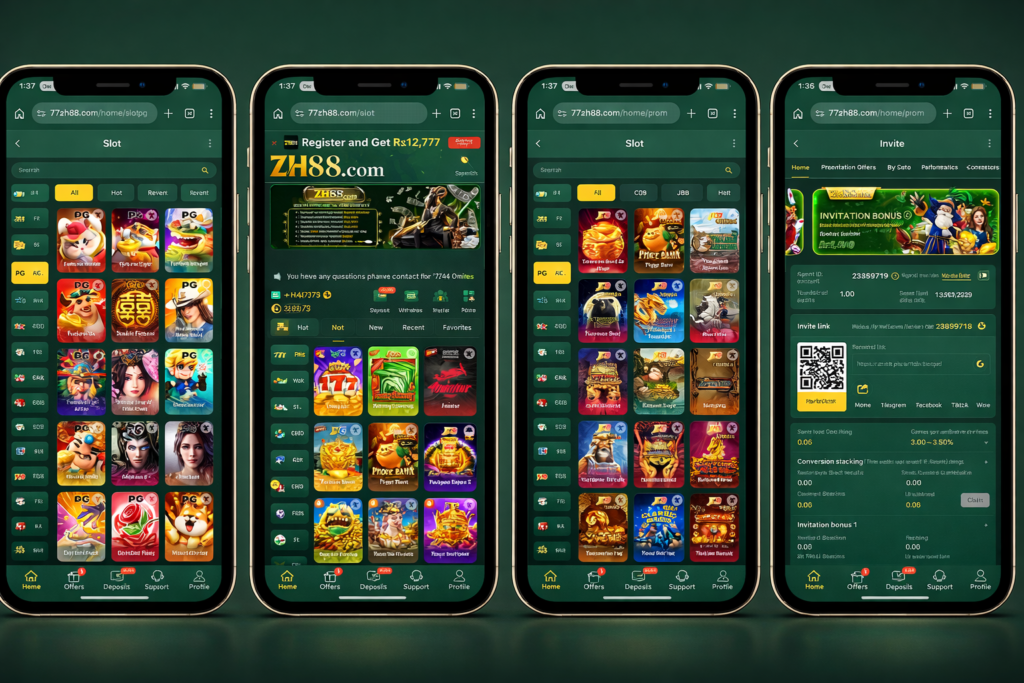 ZH88.com casino home showing PG slots, game lobby, promotions, and invite friends screen