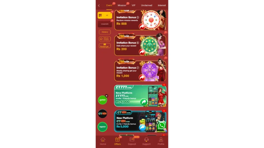Game bonuses and reward section of Game